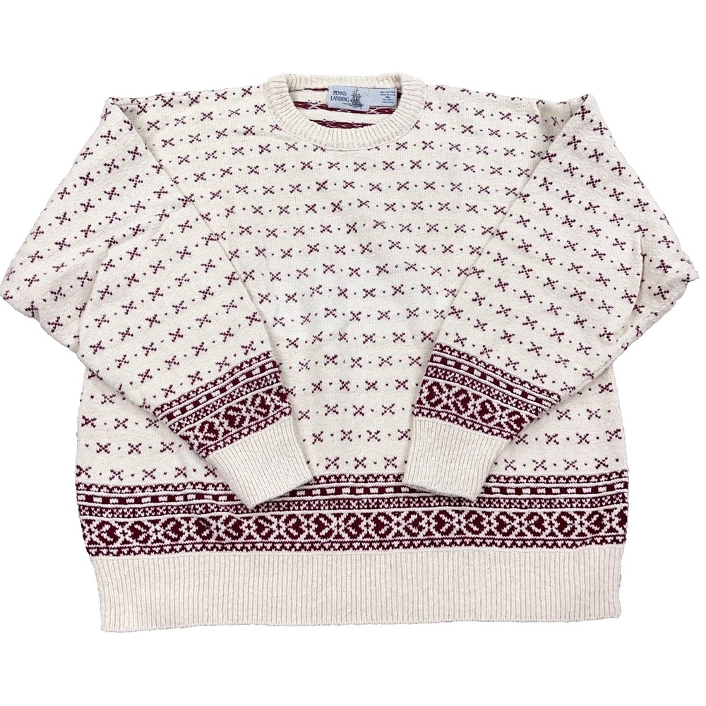 Vintage Grandpa Sweater Men XL White Red Heavy Knit Geometric Nordic USA 80s 90s
